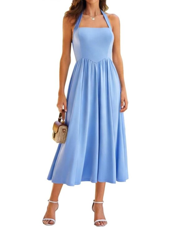 Dresses & Skirts - Women's Blue Sleeveless Halter Sleeveless Drop Waist Corset Midi Dress Swing